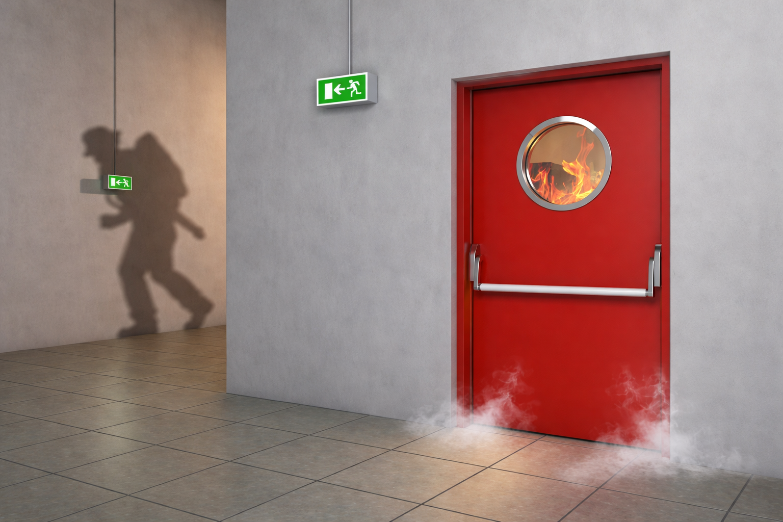 Porte coupe-feu rouge avec barre antipanique, fumée et feu visible derrière, signal de sortie de secours allumé